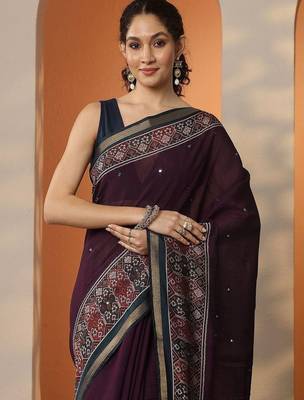 purple solid saree with unstitched blouse piece 4