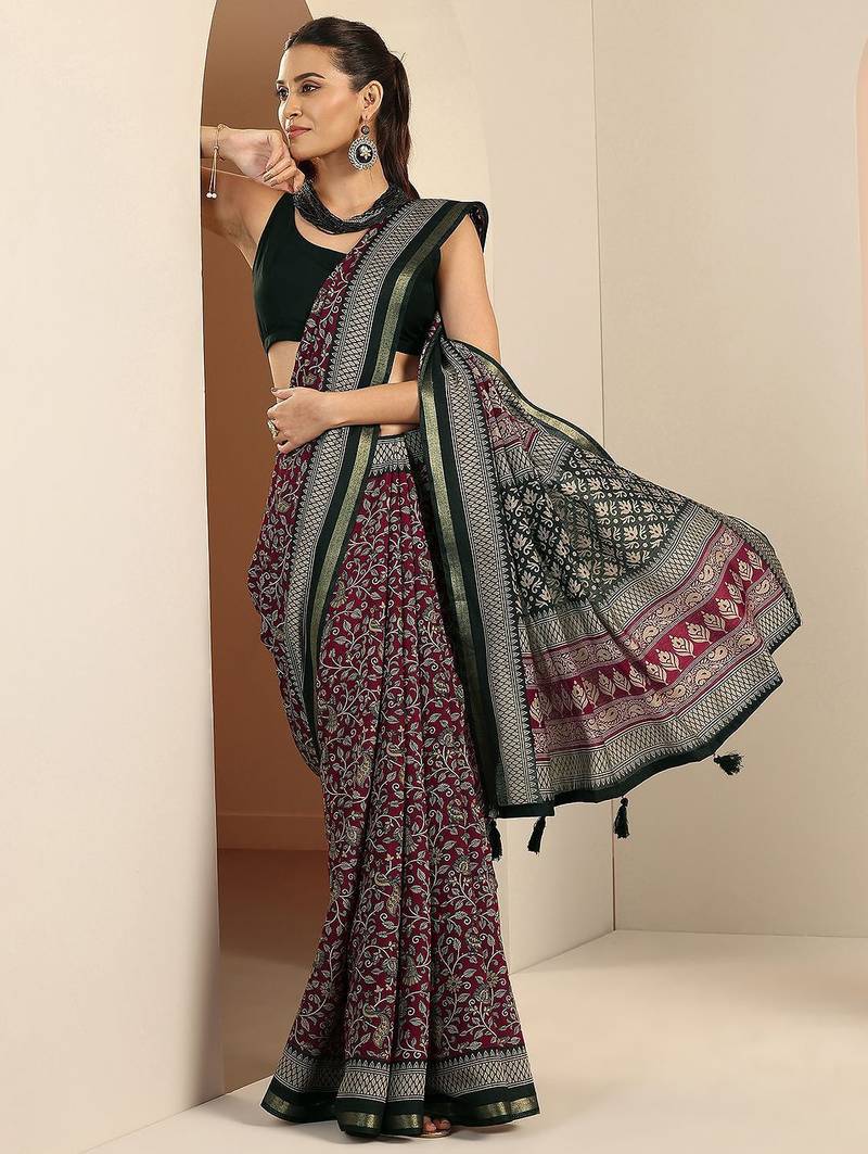 Pink maroon printed saree with unstitched blouse piece