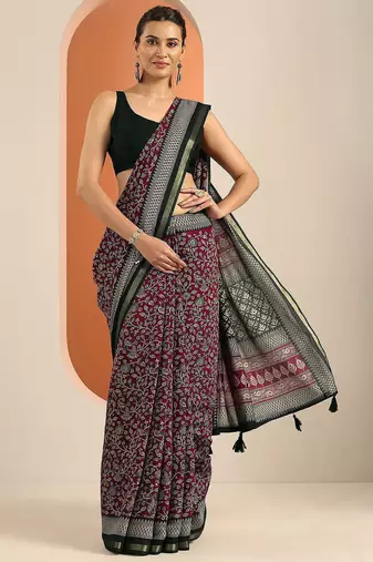 Pink maroon printed saree with unstitched blouse piece