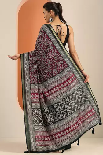 Pink maroon printed saree with unstitched blouse piece