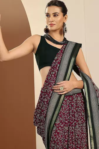 Pink maroon printed saree with unstitched blouse piece