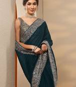 blue ethnic motifs embroidered silk blend heavy work saree