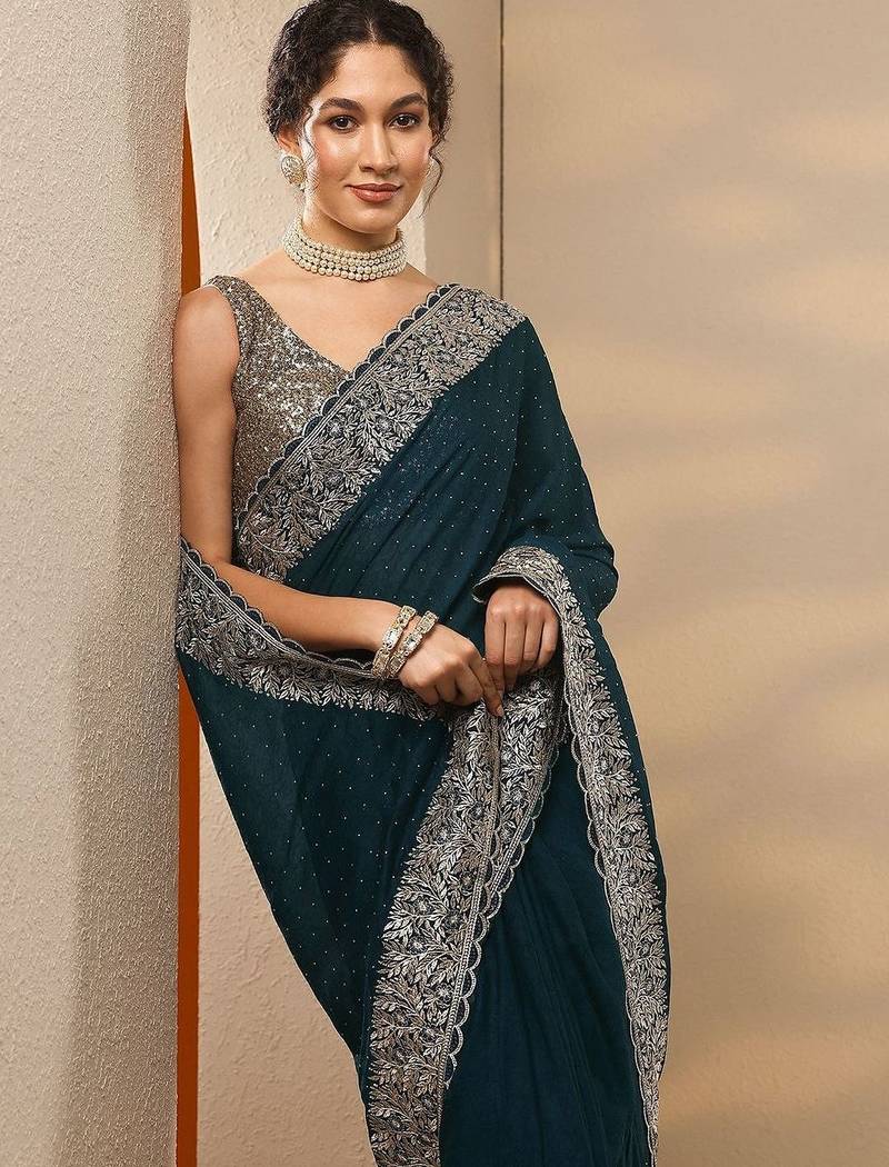 blue ethnic motifs embroidered silk blend heavy work saree
