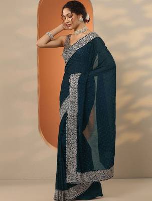 blue ethnic motifs embroidered silk blend heavy work saree 2