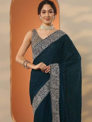 blue ethnic motifs embroidered silk blend heavy work saree 3