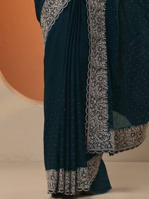 blue ethnic motifs embroidered silk blend heavy work saree 5
