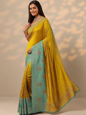 yellow embellished saree with unstitched blouse piece 2