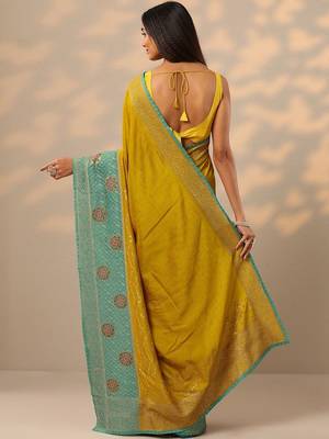 yellow embellished saree with unstitched blouse piece 3