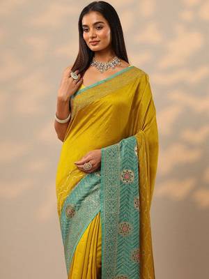 yellow embellished saree with unstitched blouse piece 4