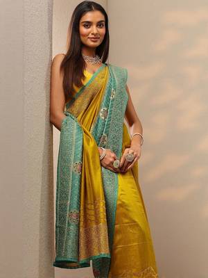 yellow embellished saree with unstitched blouse piece 5