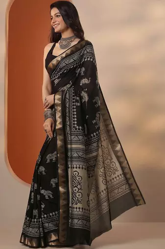 black printed saree with unstitched blouse piece