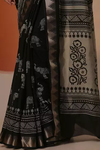 black printed saree with unstitched blouse piece
