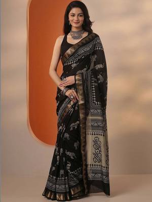 black printed saree with unstitched blouse piece 5