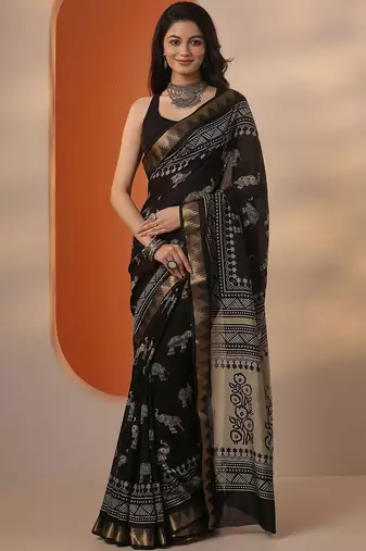 black printed saree with unstitched blouse piece