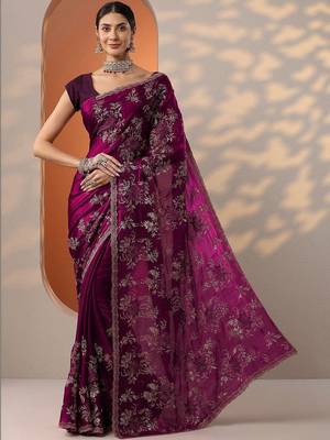purple embroidered organza saree with unstitched blouse piece 1