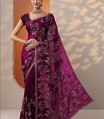 purple embroidered organza saree with unstitched blouse piece