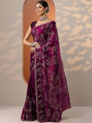 purple embroidered organza saree with unstitched blouse piece 2