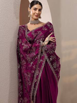 purple embroidered organza saree with unstitched blouse piece 3