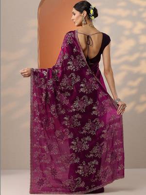 purple embroidered organza saree with unstitched blouse piece 4