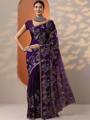 purple embroidered organza saree with unstitched blouse piece 1
