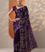 purple embroidered organza saree with unstitched blouse piece
