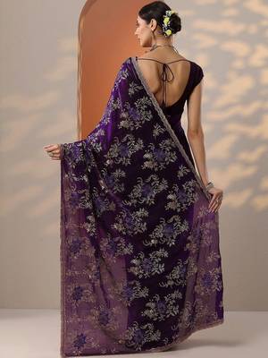 purple embroidered organza saree with unstitched blouse piece 3