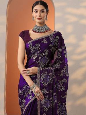 purple embroidered organza saree with unstitched blouse piece 5