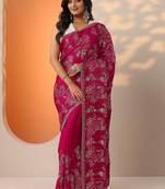 pink embroidered organza saree with unstitched blouse piece