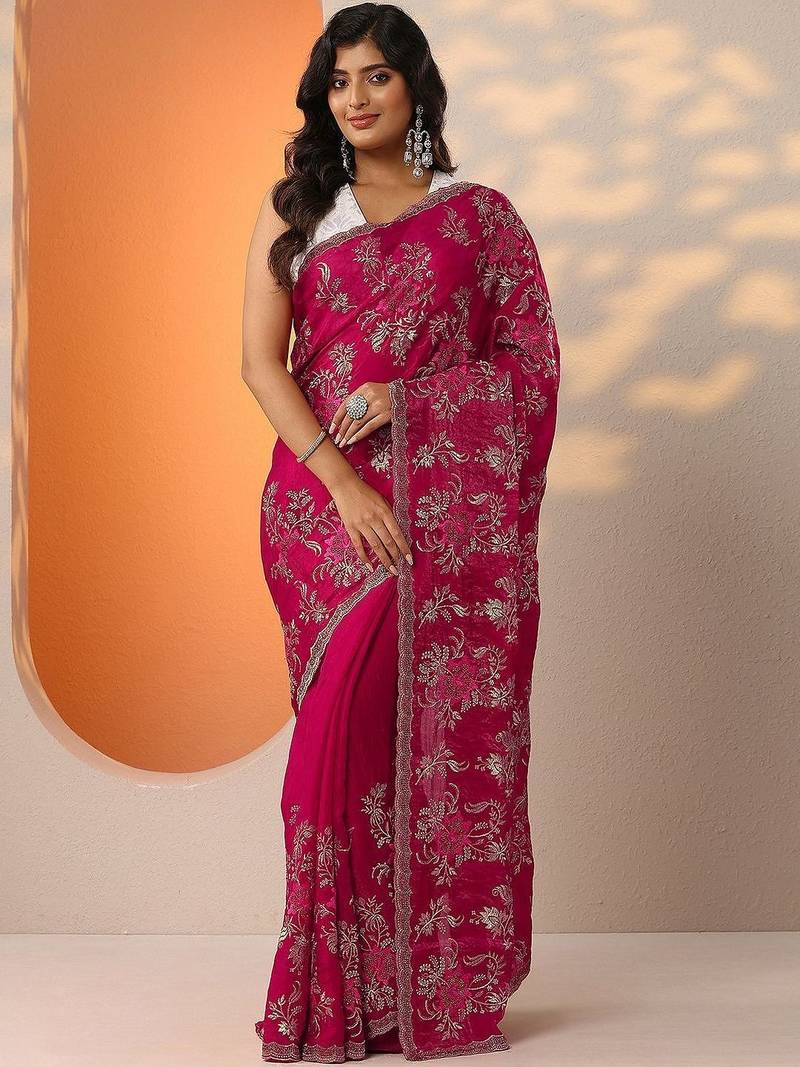 pink embroidered organza saree with unstitched blouse piece
