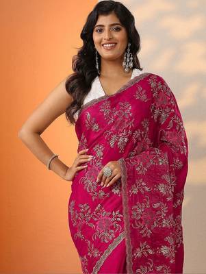 pink embroidered organza saree with unstitched blouse piece 2
