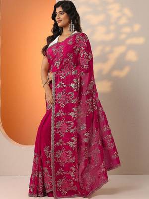 pink embroidered organza saree with unstitched blouse piece 3