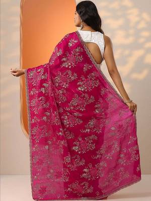 pink embroidered organza saree with unstitched blouse piece 4