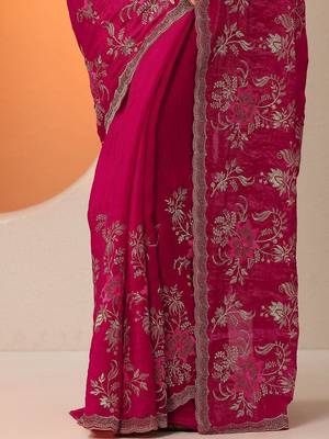 pink embroidered organza saree with unstitched blouse piece 5