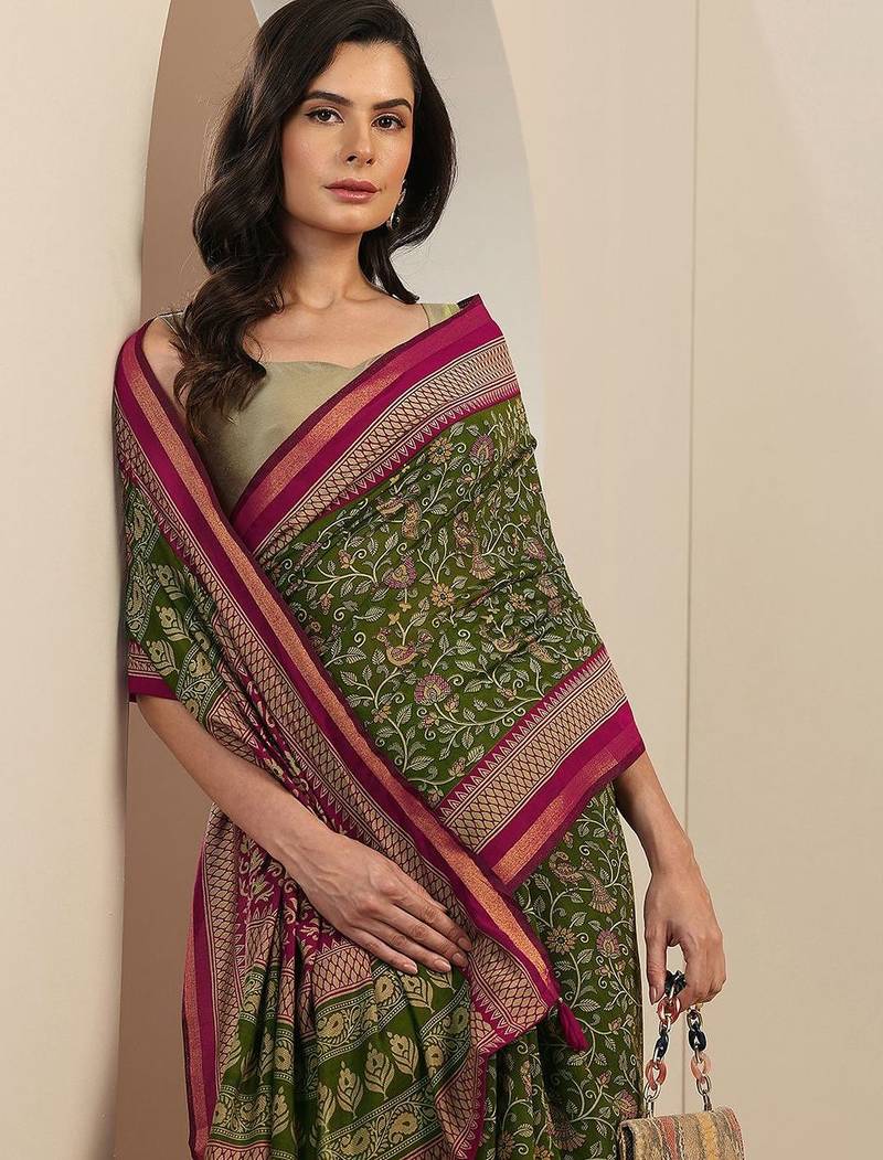 green printed saree with unstitched blouse piece