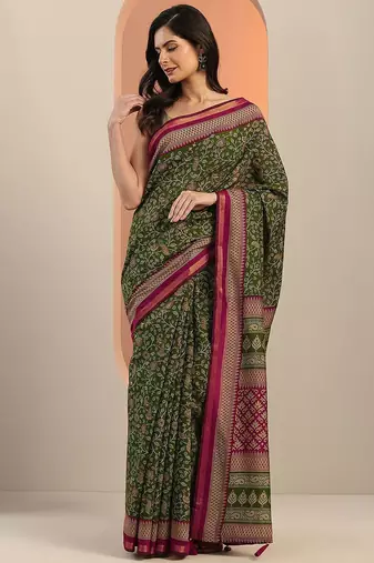 green printed saree with unstitched blouse piece