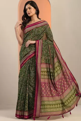 green printed saree with unstitched blouse piece