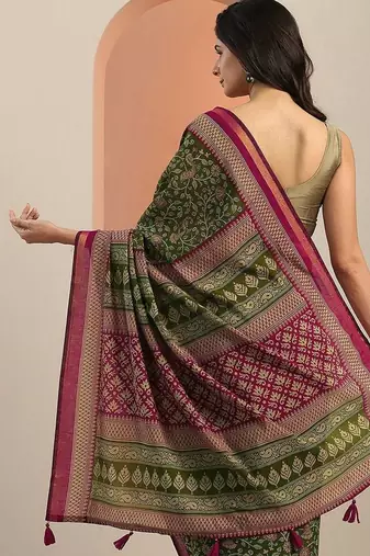 green printed saree with unstitched blouse piece