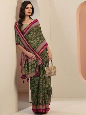 green printed saree with unstitched blouse piece 5