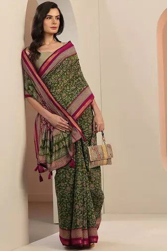 green printed saree with unstitched blouse piece