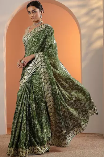 green bandhani printed chinon saree with unstitched blouse piece