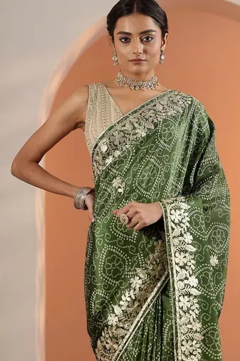 green bandhani printed chinon saree with unstitched blouse piece