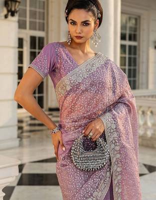 lavender embellished zari heavy work saree 2