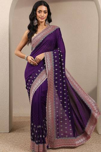 purple embellished saree with unstitched blouse piece