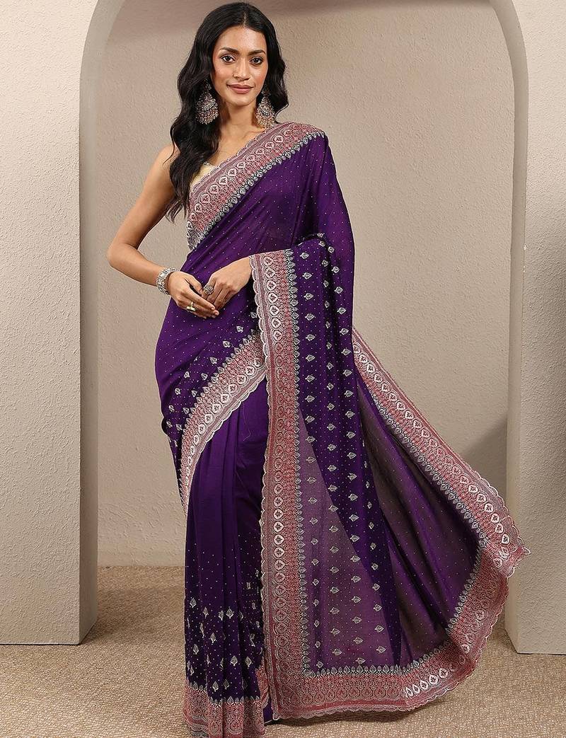 purple embellished saree with unstitched blouse piece