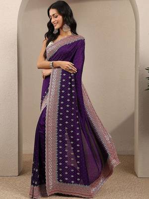 purple embellished saree with unstitched blouse piece 3