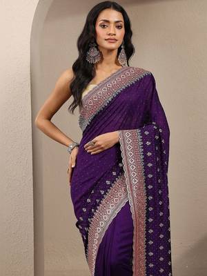 purple embellished saree with unstitched blouse piece 4