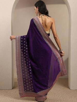 purple embellished saree with unstitched blouse piece 5