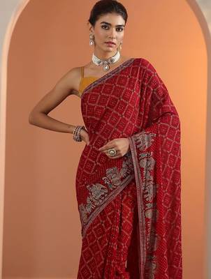 Red red printed georgette saree with unstitched blouse piece 3