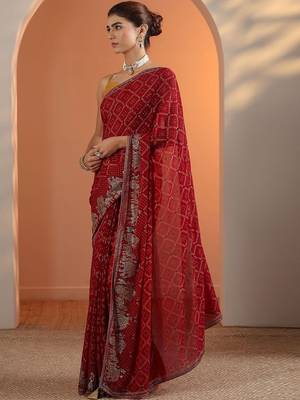 Red red printed georgette saree with unstitched blouse piece 4