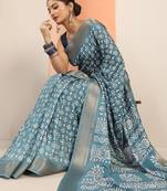 blue ethnic motifs printed saree with unstiched blouse piece